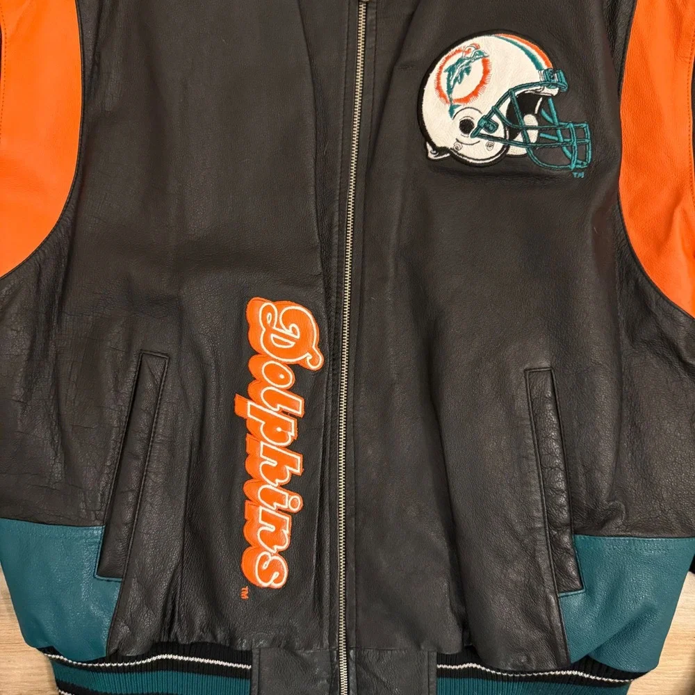 Vintage G-III Carl Banks Miami‎ Dolphins Leather Varsity Jacket Mens L Black NFL